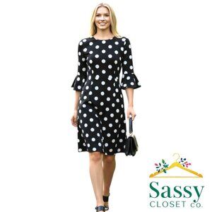 Tommy Hilfiger Black White Polka Dot Sheath Midi Dress Size 10 EUC